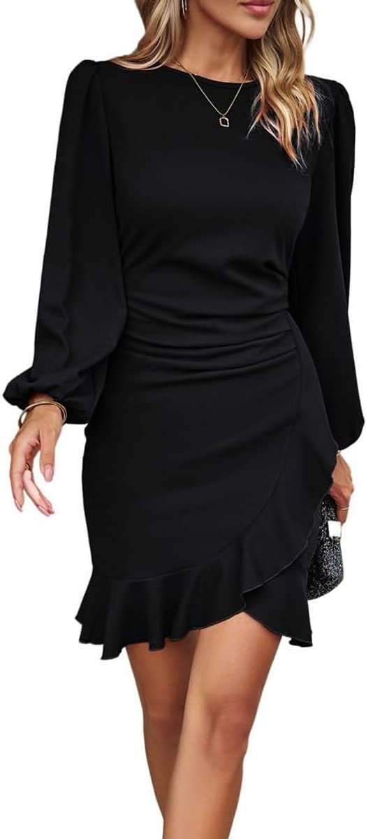 poflook, lange mouwen, ruches, zoom, elegante ruches bodycon