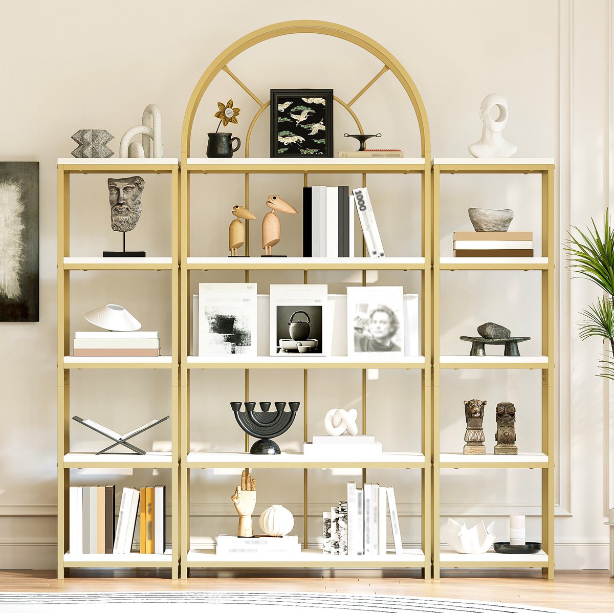 Boekenkast Modulaire 3-Delige Set – 163 x 30 x 184 cm – MDF Metaal – Goud Wit – Open Opbergkast Voor Woonkamer