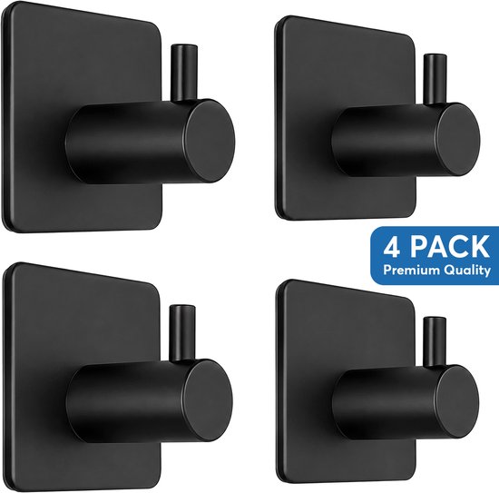 Vier zwarte, zelfklevende ophanghaken van roestvrij staal met een vierkant grondvlak en een cilindervormige haak. "4 PACK Premium Quality" staat op een blauw label.