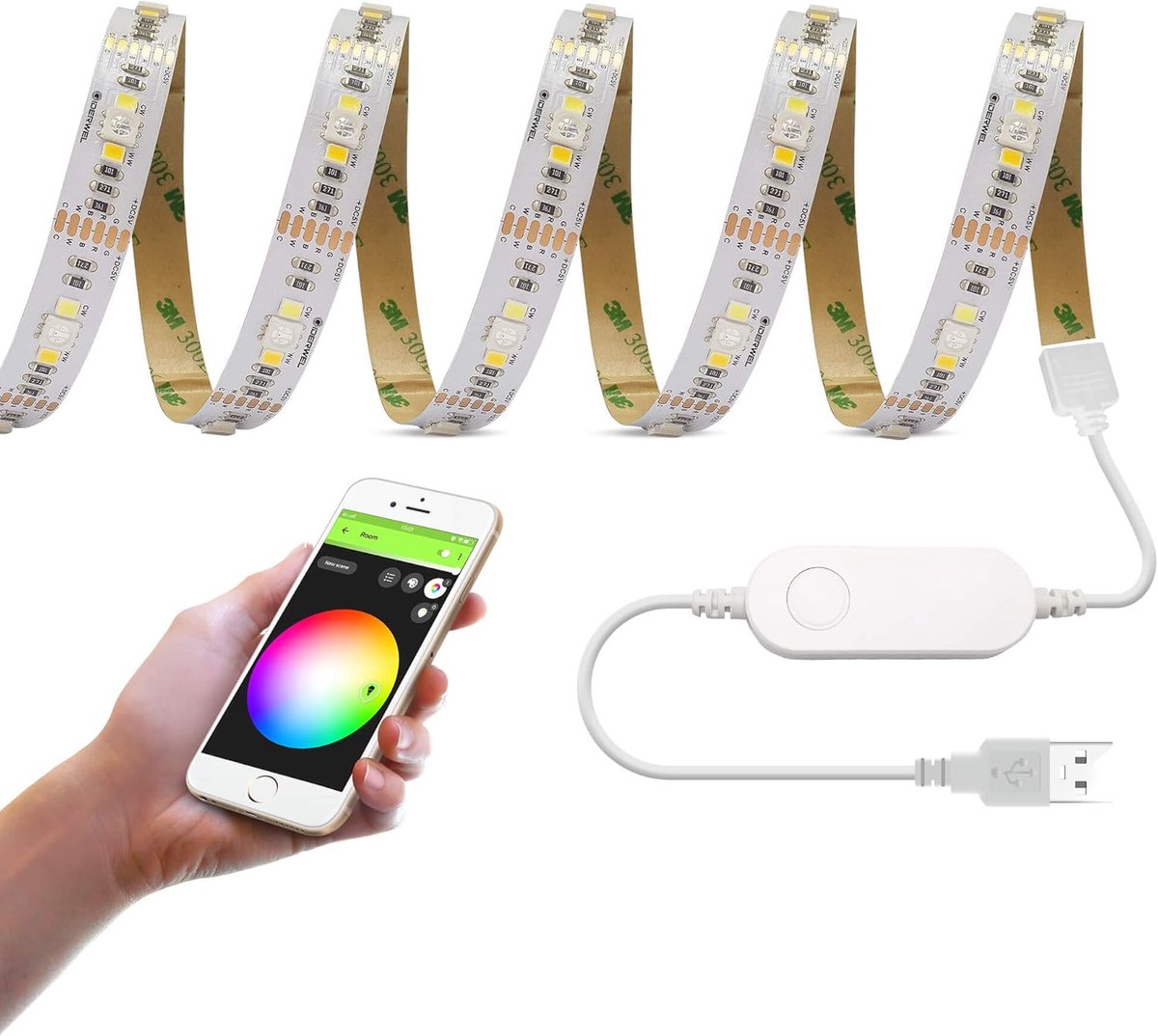 Wifi USB RGBWW ledstrip, 3 m, compatibel met Alexa/Google Home, app/spraakbediening, 5 V, RGB, warmwit, koudwit, sfeerverlichting, kleurverandering, muzieksynchronisatie, tijdinstelling