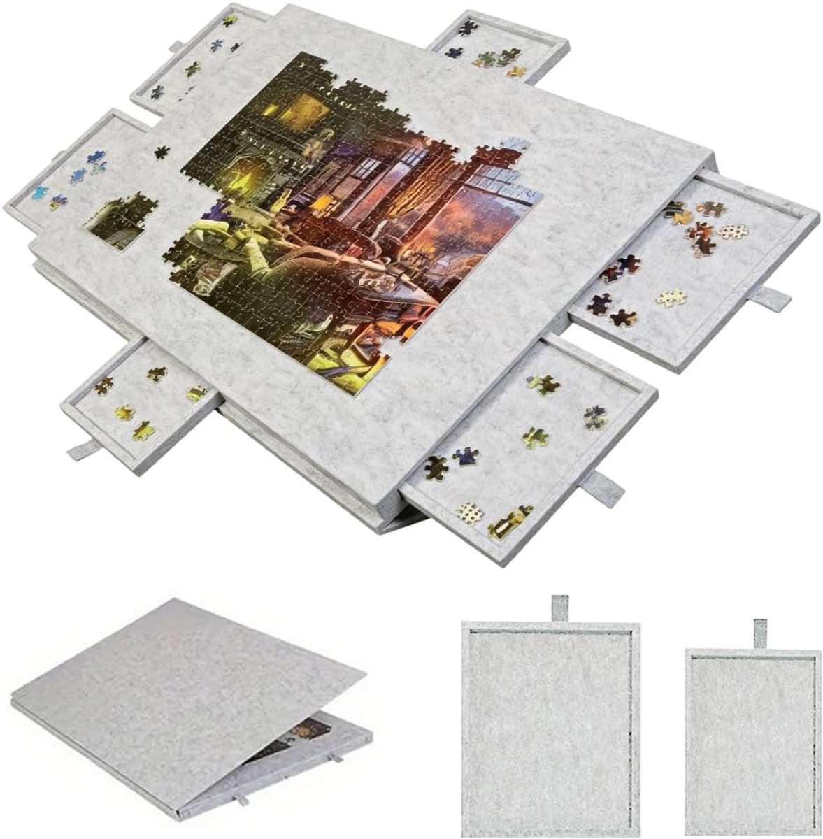 Kantelbare puzzeltafel 1000 delen - lichtgrijs vilt - met 2-in-1 design en 6 laden - ShopVlot
