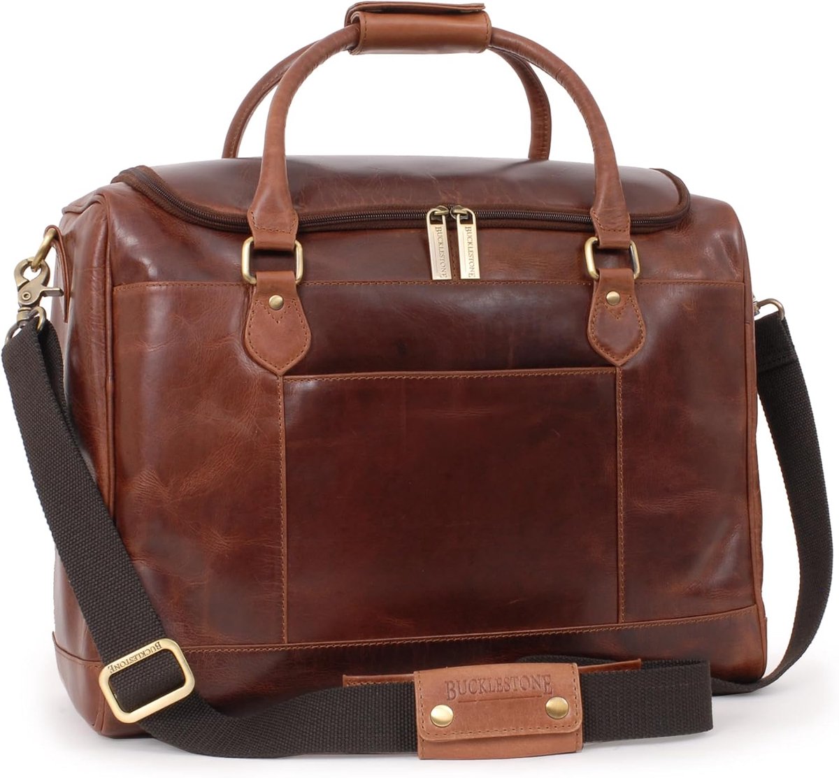 SnelShoppen - Heren Leren Reistas - Medium Weekendtas - Cabin Bagage met Verstelbare en Afneembare Schouderriem - Edinburgh, Bruin, M, Duffle Reiszak