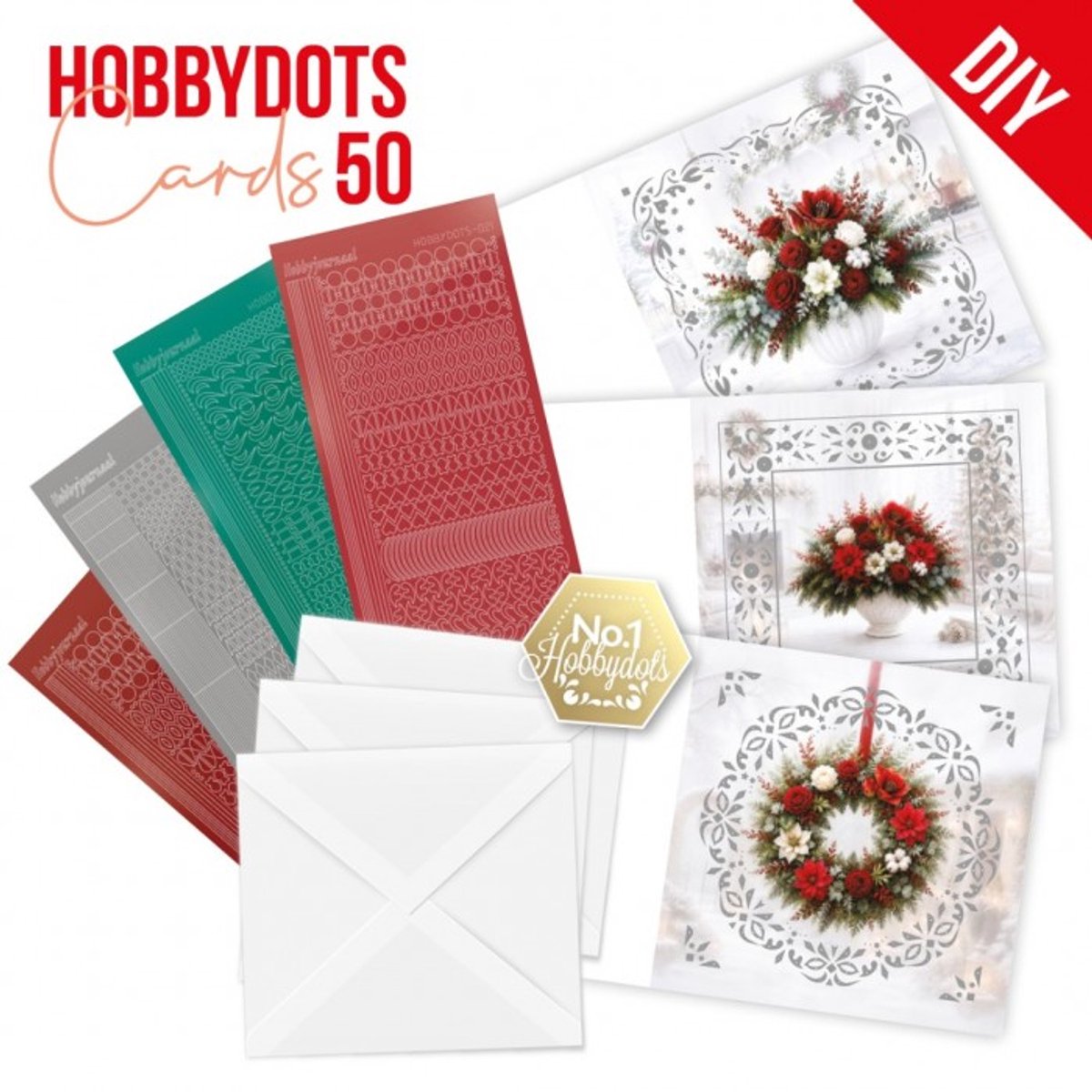 Hobbydots Cards 50 - Christmas Bouquet - Drie voorgedrukte kaarten, vier HobbyDots-stickers - Gratis verzonden - DODOPP050