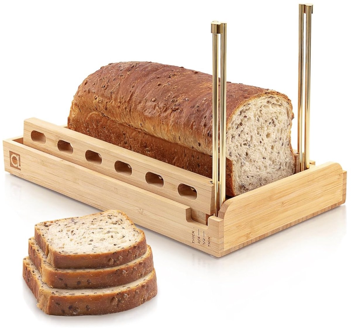 Omgoods- Broodsnijmachine Bamboe - Verstelbare Snijdergeleider 16,5 cm - 4 Dikte-opties - Inclusief Kruimellade - Duurzaam en Hoogwaardig - Broodsnijder