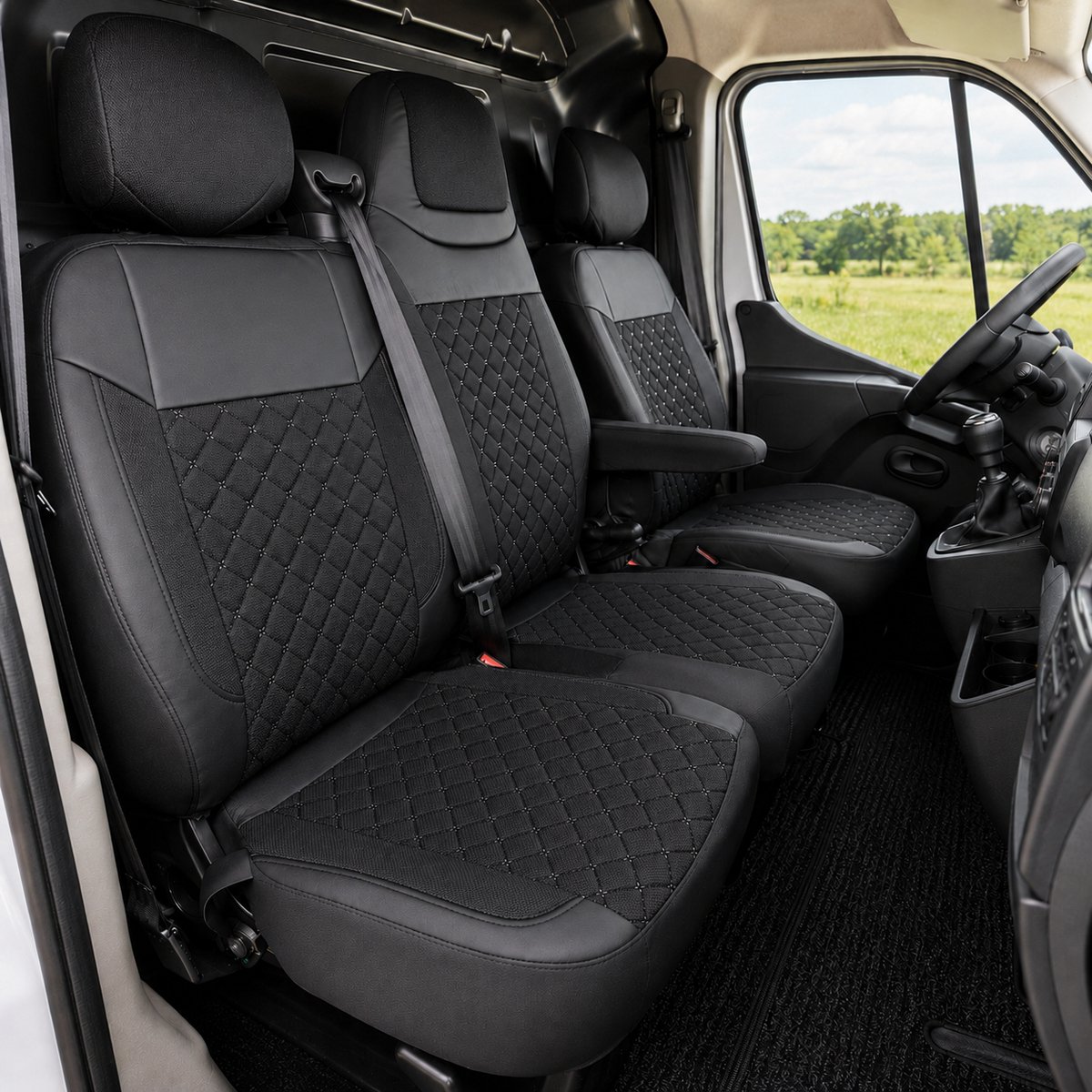 Stoelhoezen Nissan Interstar X70 - Set 2+1 - Zwarte stiknaden - AIM