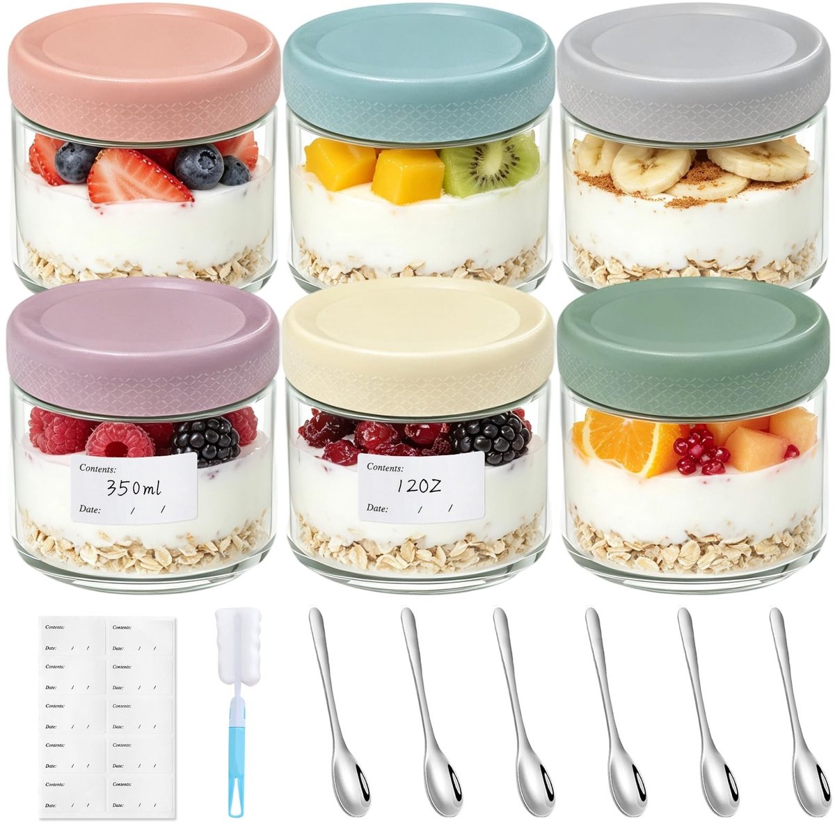 Omgoods - Set van 6 Kleine Glazen Jars voor Overnight Oats 350 ml