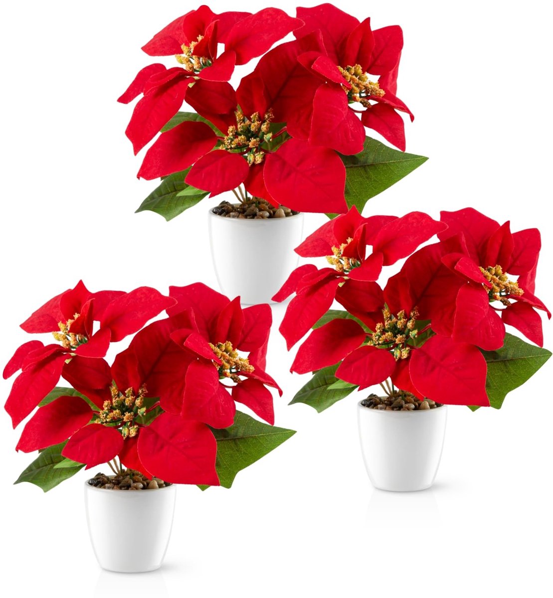 Omgoods - Kunstkerstster in Glanzend Keramisch Pot - Set van 3