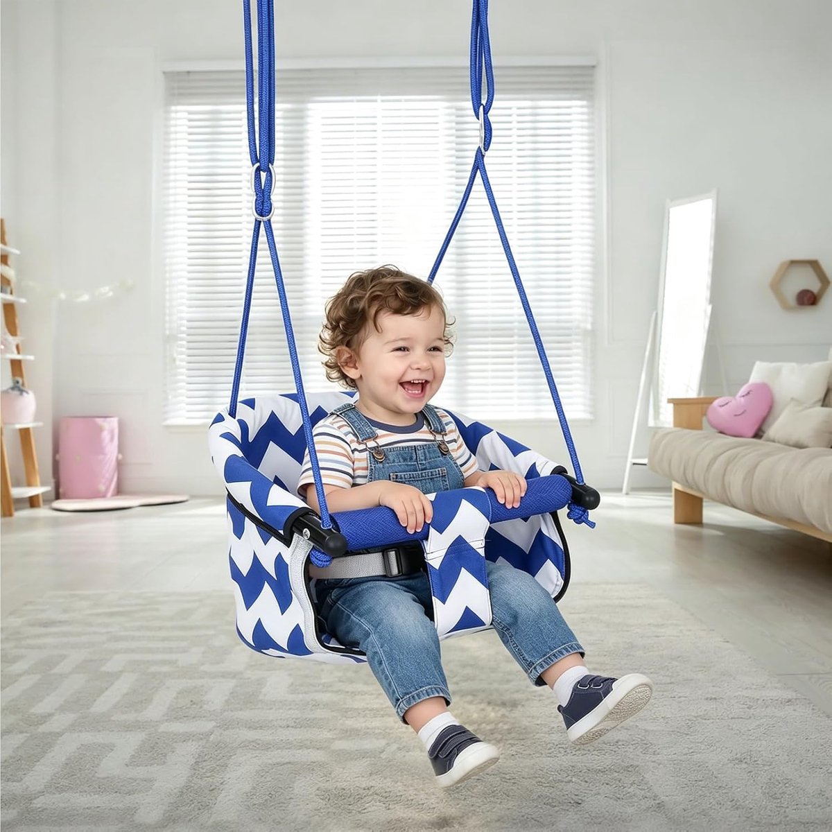 kinderschommel voor buiten, met zachte veiligheidsgordel en verstelbaar touw, kleine kinderschommel voor binnen en buiten, schommel outdoor voor sensorische bevordering van baby's (blauw