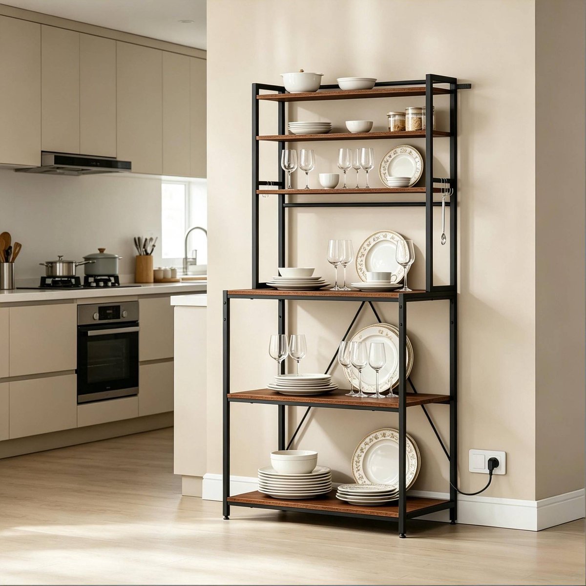 COVREO Keukenrek 80 x 167 x 40 cm rustbruin, metaal en spaanplaat met stopcontact