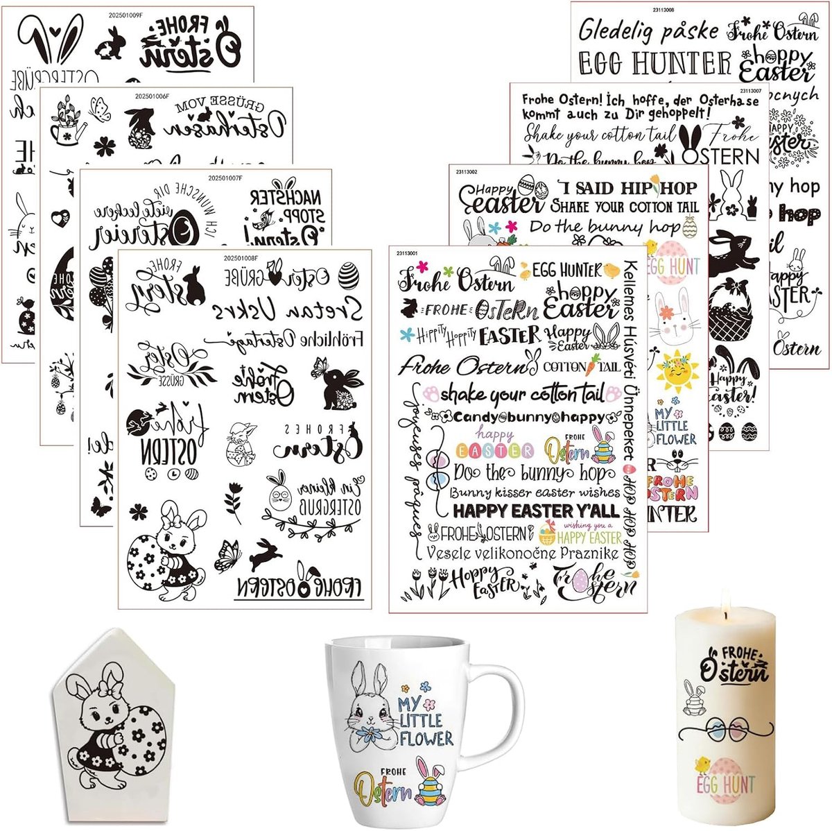 8 stuks Rub on stickers, Rub on Pasen, 21 × 14,8 cm, paasstickers, meerdere patronen, Pasen, waterdicht, doe-het-zelf, waterschuiffolie voor kaarsen, glas, fotoalbum, decoraties (stijl 1)