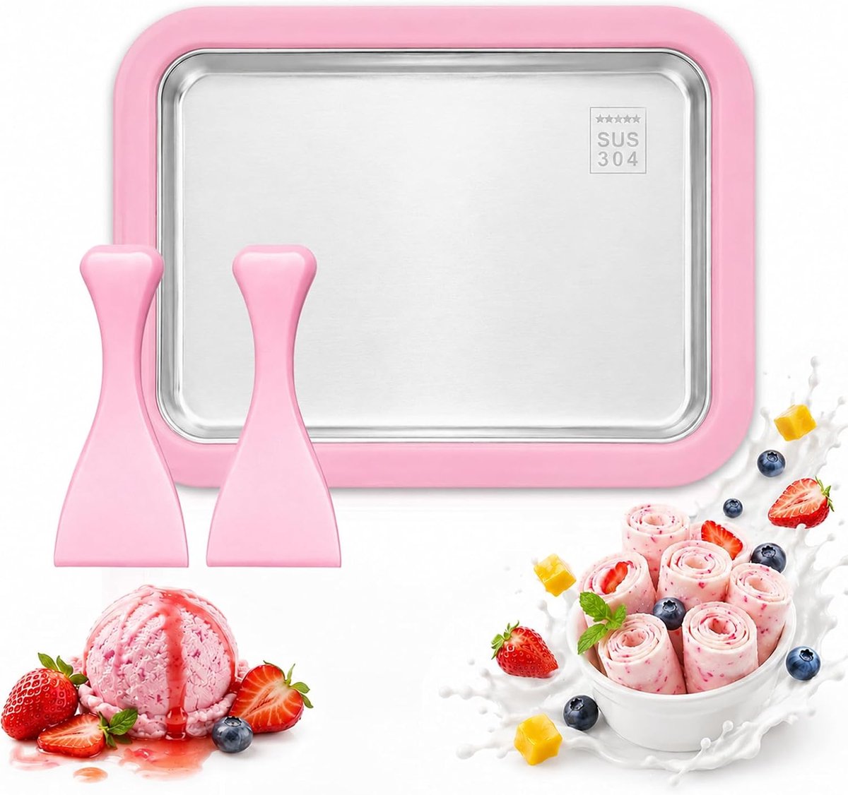 ijs met 2 spatels, rolijsmachine, instant roll ijsmachine, zelfgemaakte ijsmachine voor gelato sorbet yoghurt, roze