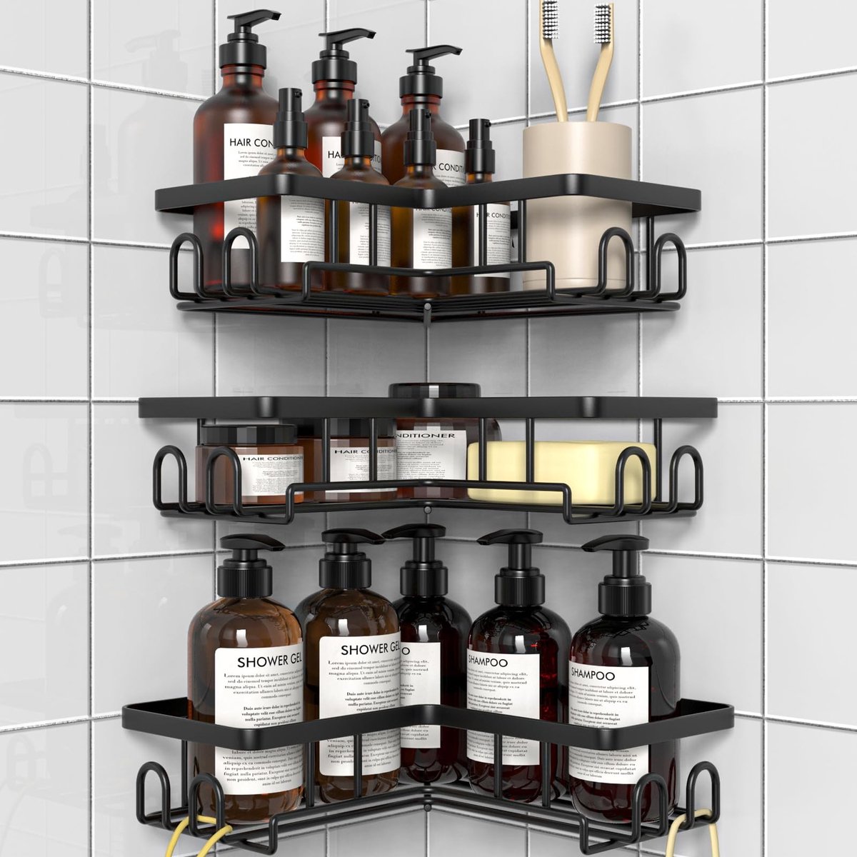 Omgoods - Douche Rek Zonder Boren - Badkamer Caddy met 3 Stukken in Zwart
