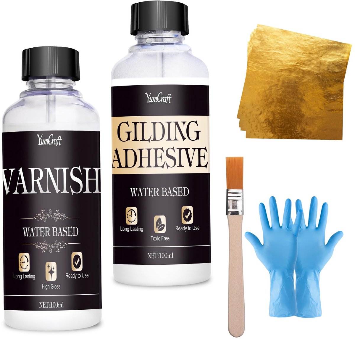 Omgoods- Bladgoud-lijmset 100 ml - 100 Bladgouden Bladen - Beschermende Lak - Kwast - Vergulde Set - Professioneel Gebruik - Verguldingsset