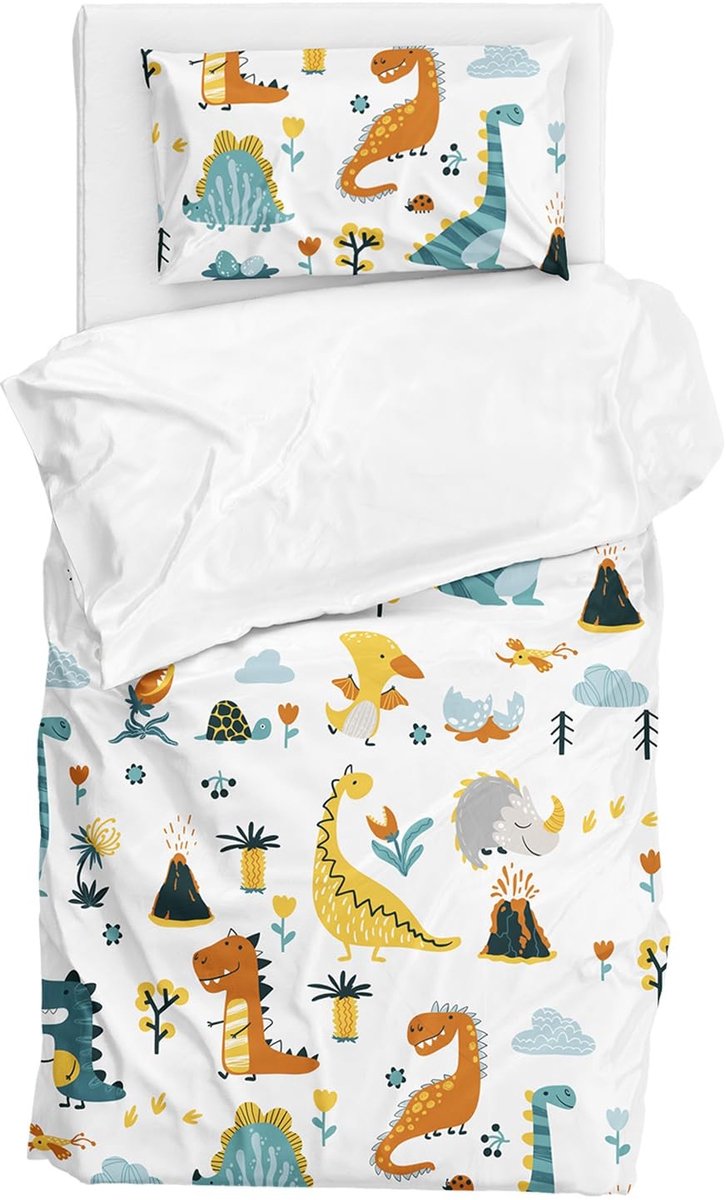 Omgoods - Beddeken Set 90x190 cm met Kussensloop 40x60 cm van Polyester voor Kinderen met Dinosaurus Motief