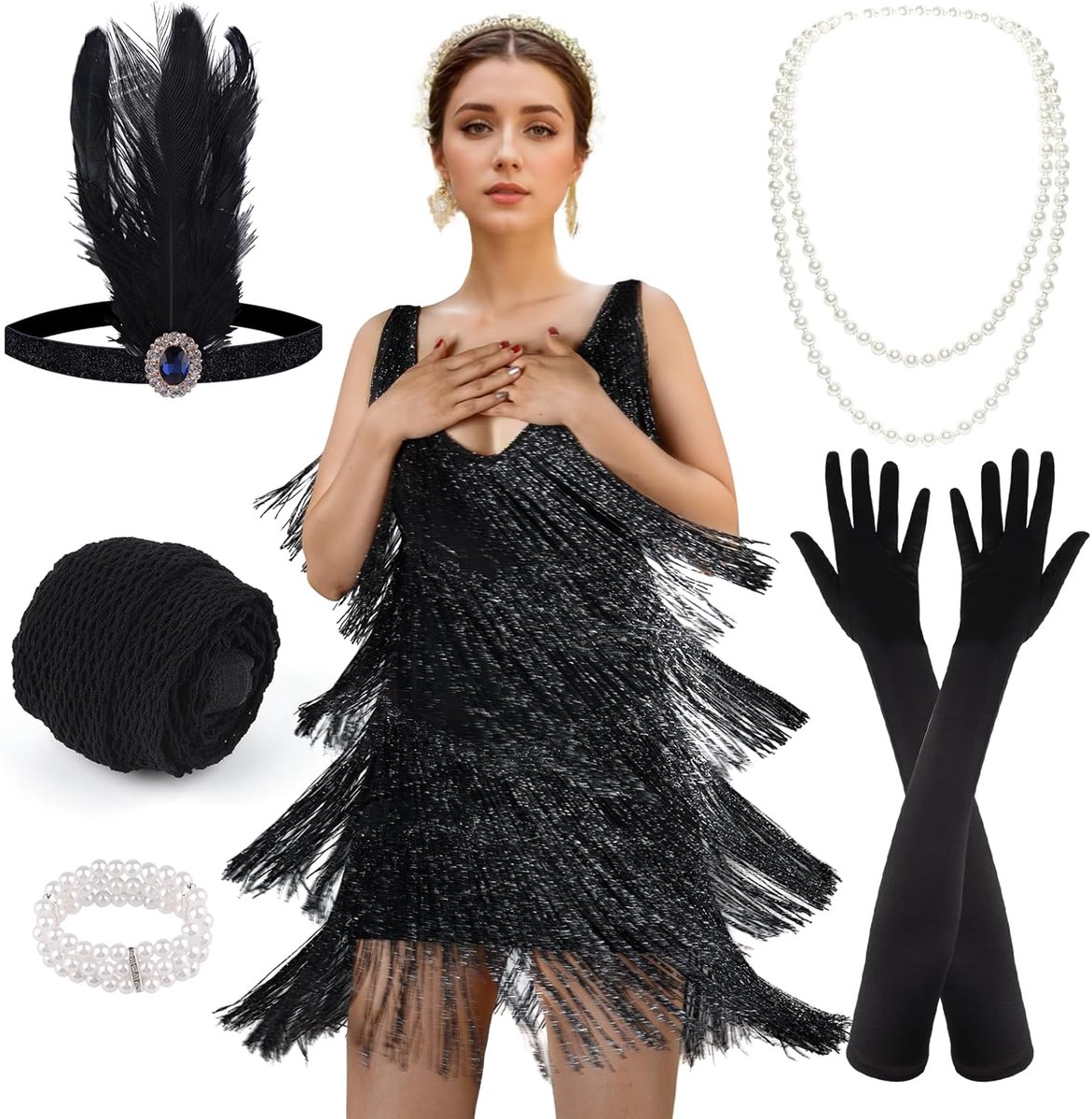 Vrouwen Flapper Jurk 1920s Gatsby Pailletten Franje V-hals Roaring 20s Jurken Kostuums Met 20s Accessoires Set