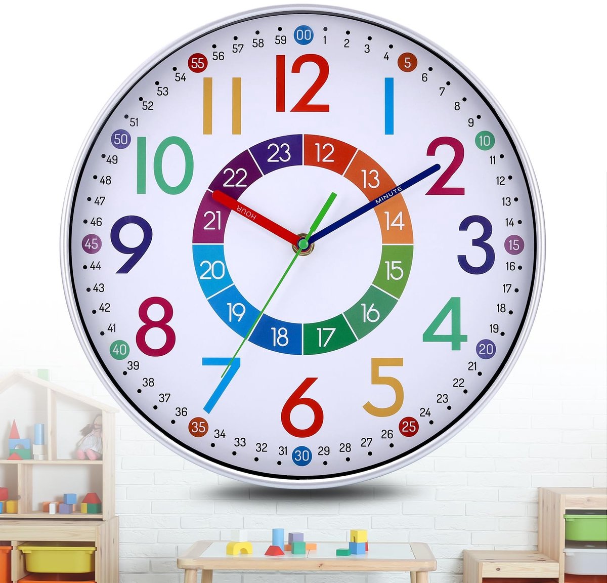 Omgoods - Wandklok voor het leren van de tijd - Kinderkamer - Creatief en gemakkelijk te lezen - 30 cm - Stil uurwerk - Geschikt voor kinderen
