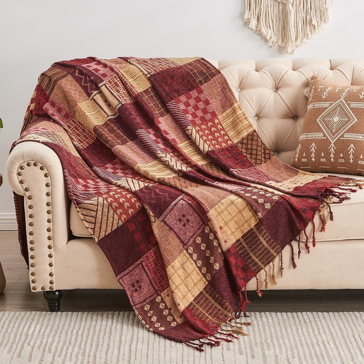 Omgoods - Boho Patchwork Throw Blanket voor Sofa en Bed - Chenille met Franje