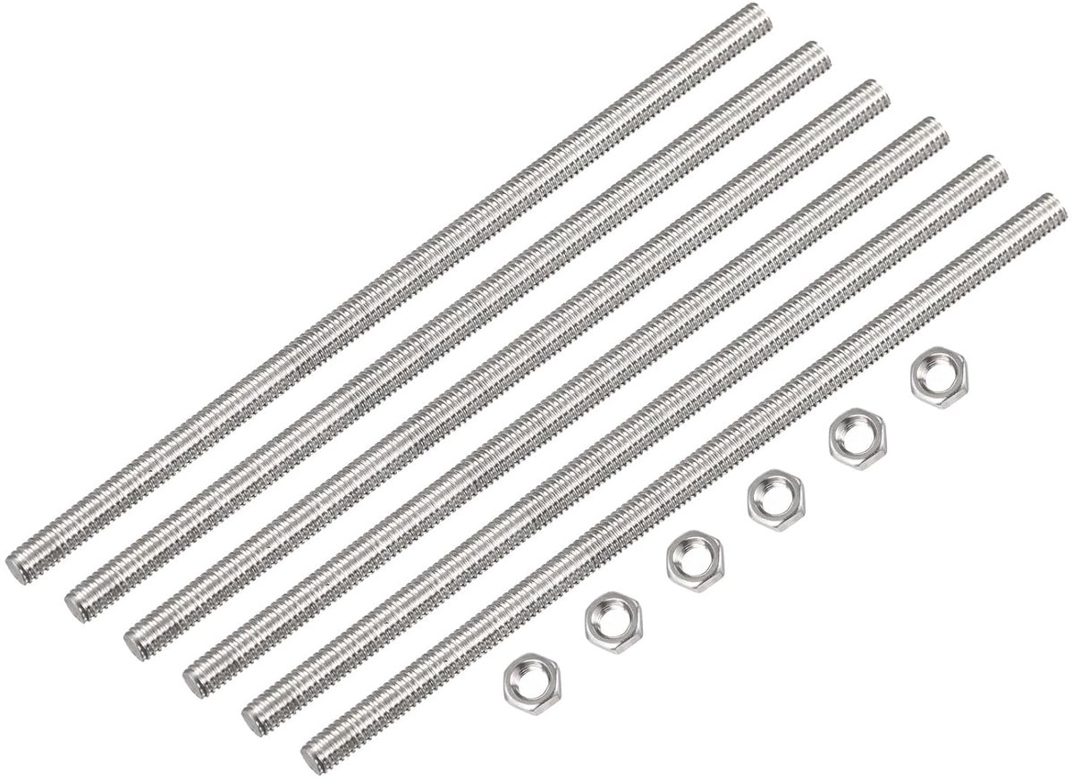 6 stuks M3 x 200 mm volledige schroefdraad stang met 6 zeskantmoeren, 0,5 mm schroefdraadverdeling 304 roestvrij staal rechtshandige schroefdraad stangen bar klinknagels