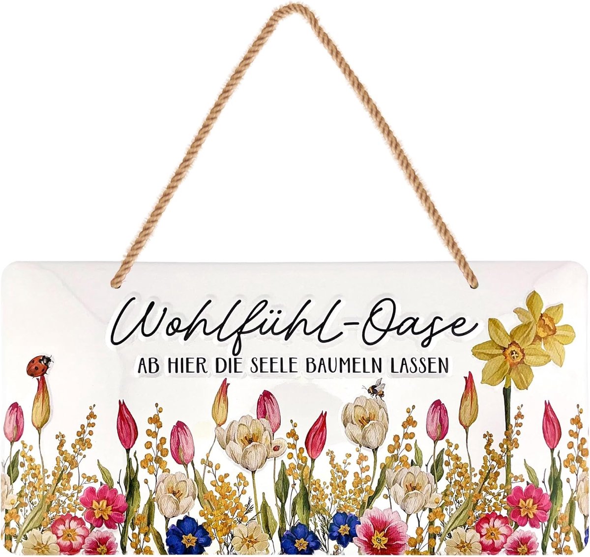 Schild Lieblingssplatz Outdoor feel-good oase schild tuin - decoratie tuin vintage borden, tuinbord van metaal met jute koord 16x32cm