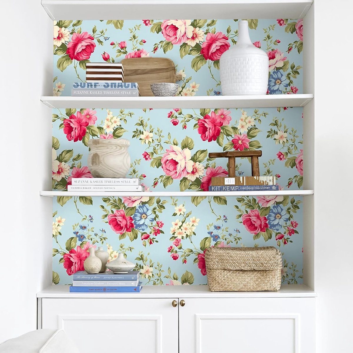 Behang Bloemen Blauw Sierlijk Bloemenbehang Vintage 44,5 cm x 300 cm Fotobehang Zelfklevend Patroonbehang Groen Wandbehang Kinderkamer Decoratie Slaapkamer Wandbehang Badkamer Afneembaar