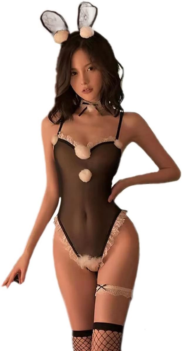 Womens Sexy Bunny Lingerie Mesh Naughty Uniform Cosplay Een Stuk Bodysuit Konijn Outfit