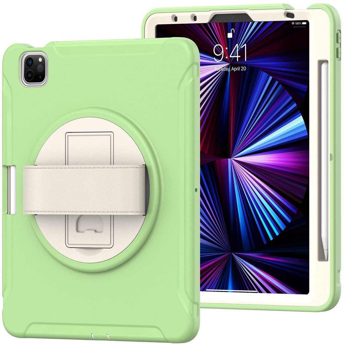 Omgoods - Beschermhoes voor iPad Pro 12,9 inch - Met Potloodhouder en Handriem - Groen Matcha