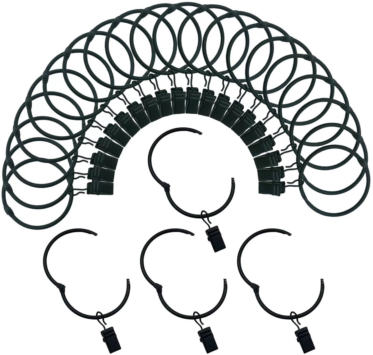 Omgoods - Gordijnringen met Clips - 24 Stuks Stalen Hangers Ring Zwart
