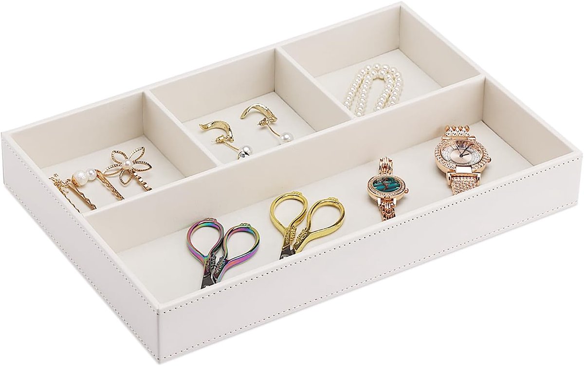 Sieradenopslag, leren sieradenhouder, parfumorganizer, kantoorpennenbakje, sleutelorganizer voor horloges, mobiele telefoon, sieraden, sleutels, munten, portemonnee en kantooruitrusting (wit)