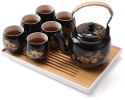 Omgoods - Dujust Zwarte Porseleinen Theeset met 6 Kopjes en Theepot