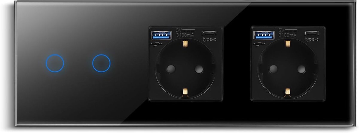Touch-lichtschakelaar, dubbel stopcontact, USB-poorten (type C en type A 3,1 Amp in totaal), USB Schuko-stopcontact, inbouw, glazen wandschakelaar, tweevoudig, zwart, met status-led, 500 W/vak