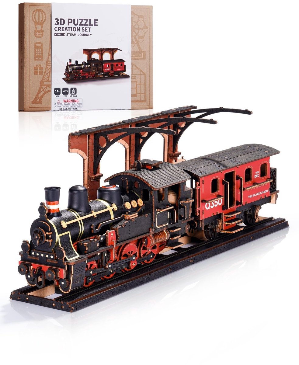 Omgoods - 3D Houten Puzzel Stoomtrein voor Volwassenen - Doe-Het-Zelf Modelbouwset