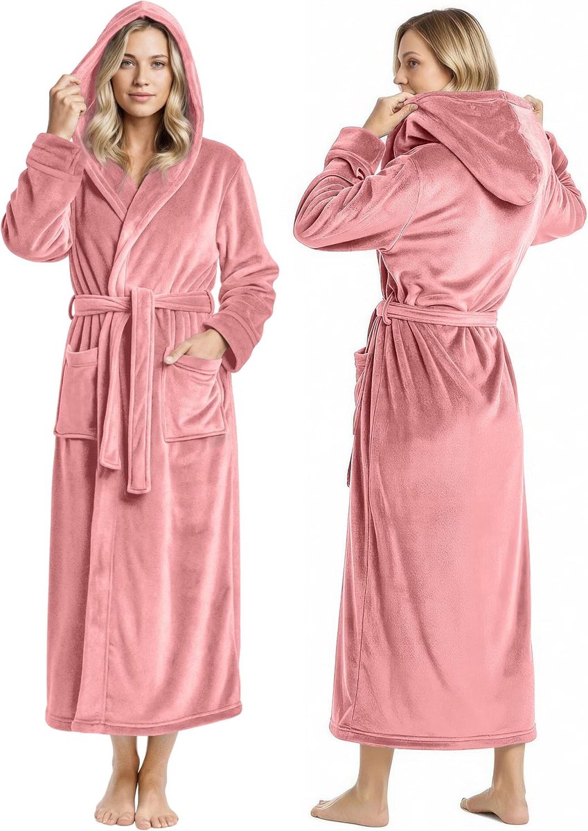 Threads Fleece badjas met capuchon voor dames, pluche, lange badjas, Koraal, L