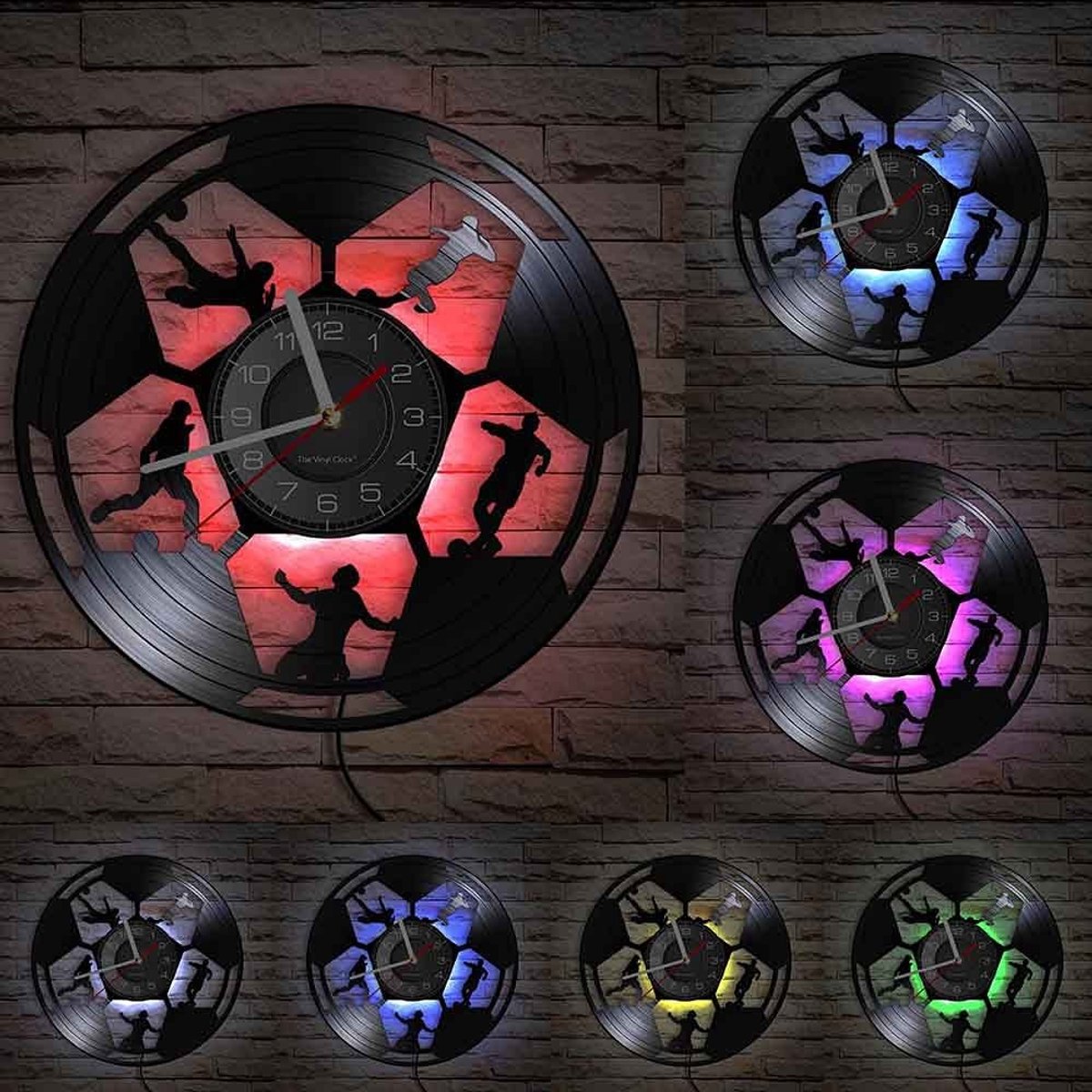 Omgoods - Vinyl Wandklok Voetbalontwerp met LED Nachtlampje - Uniek Cadeau