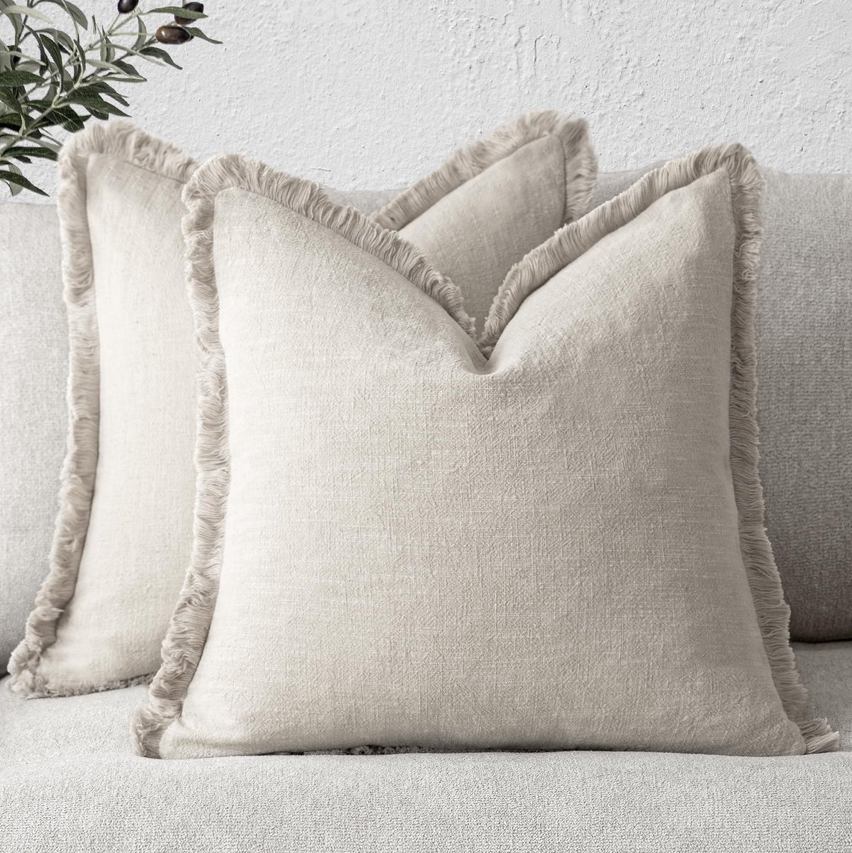 Omgoods - Set van 2 Decoratieve Kussenhoezen van Linnen met Franje 55 x 55 cm