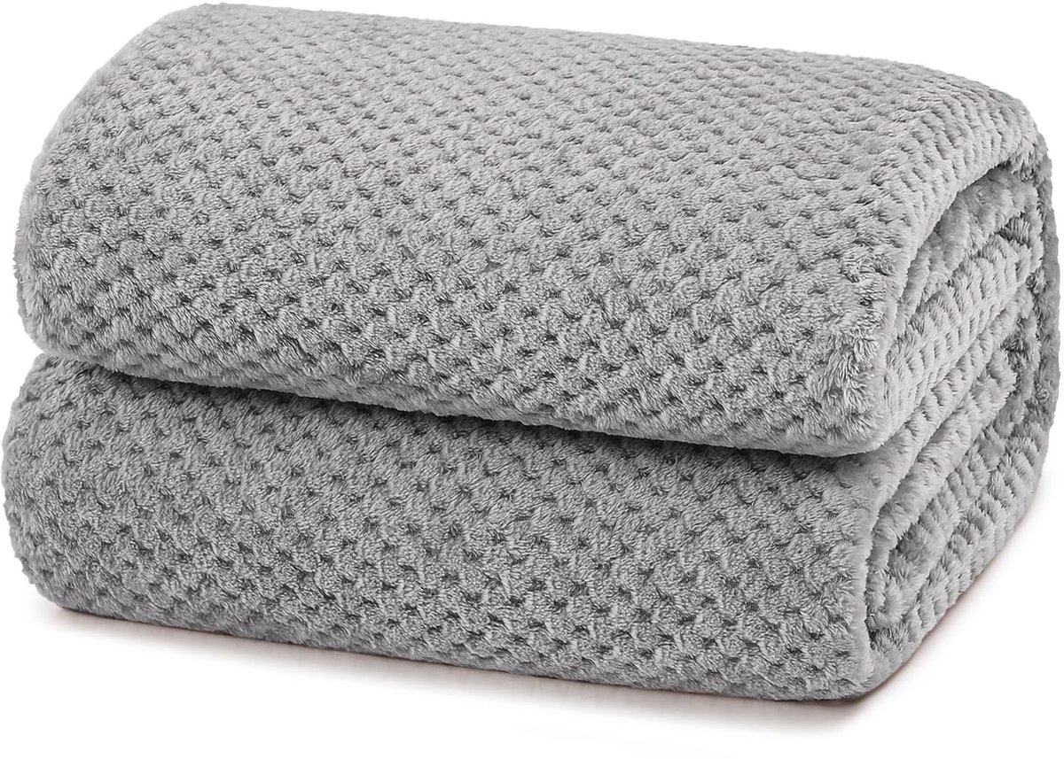 Omgoods - Wafelpatroon Fleece Dekentje - Lichtgrijs, 220 x 240 cm, Super Zacht