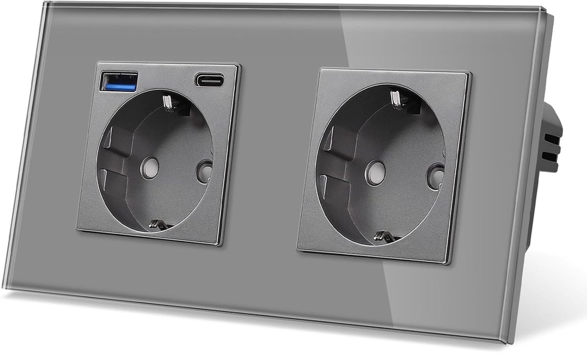 Schuko-inbouwstopcontact, dubbel, met glazen frame, met 2 USB-aansluitingen, 1 USB-A en 1 USB-C-poort, max. 3,1 A totaal, geaard, enkelvoudige wandcontactdoos, grijs