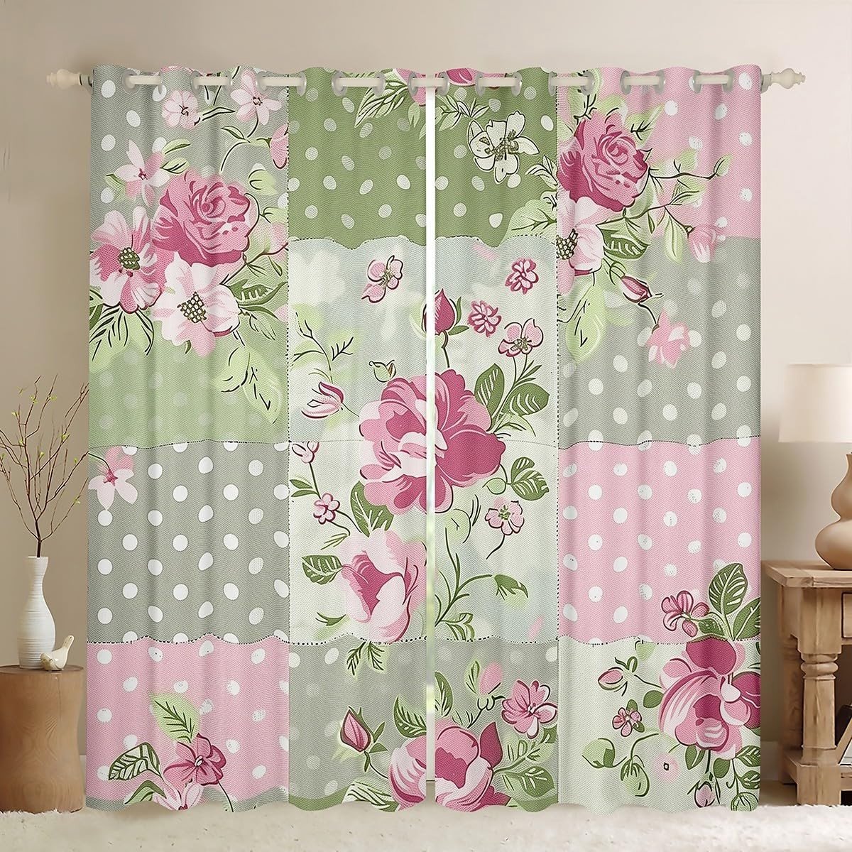 Omgoods - Retro Bloemen Gordijnen voor Kinderen - Roze Bloemen 66 x 72 cm