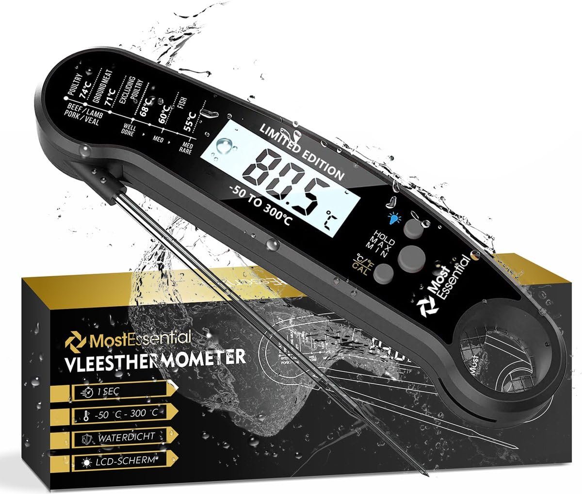 SnelShoppen - Premium Vlees Thermometer - Direct Afleesbare BBQ Thermometer met Dubbele Probes, Nauwkeurige Kookthermometer voor Vlees, Vis en Vloeist