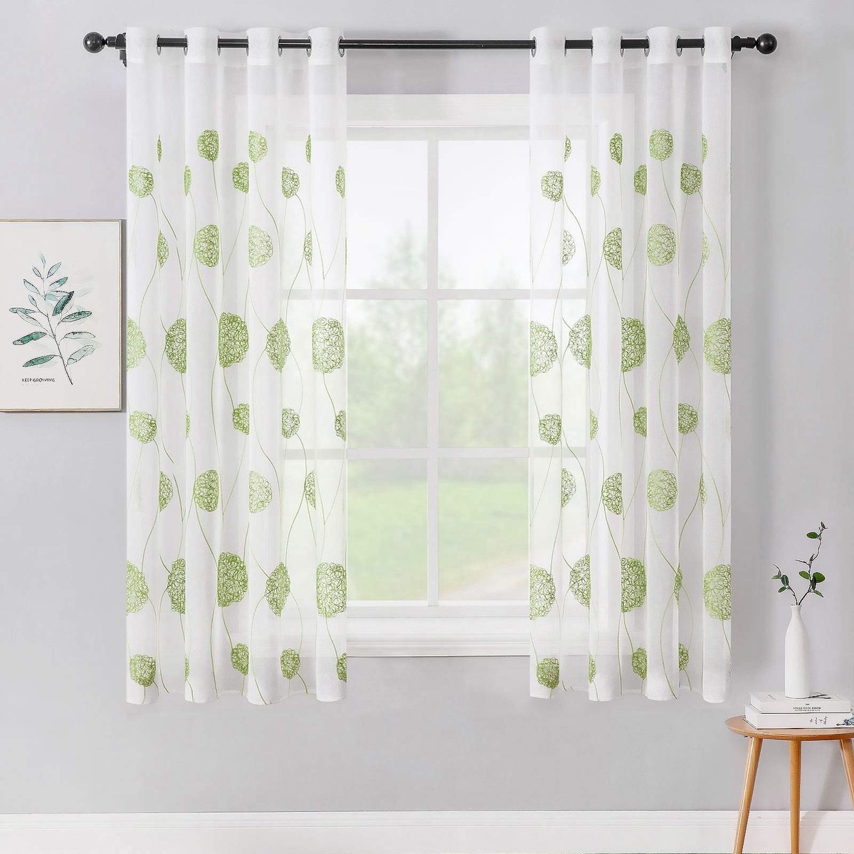 Omgoods - Bloem Borduur Gordijnen - Wit met Groene Patroon, Set van 2