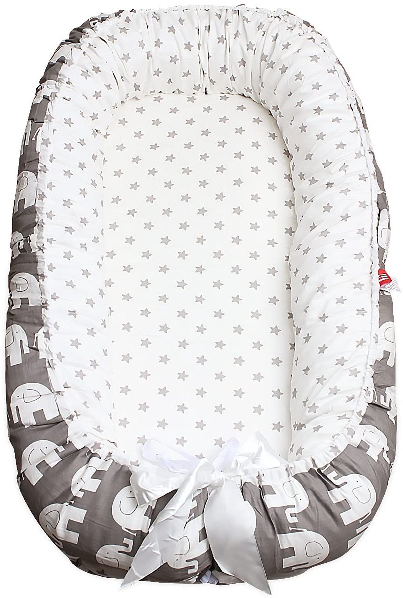 Omgoods - Nieuwgeboren Baby Nest - Dubbelzijdig Babybed voor Kussen en Slaap - Ademend 100% Katoen (Olifant Grijs)