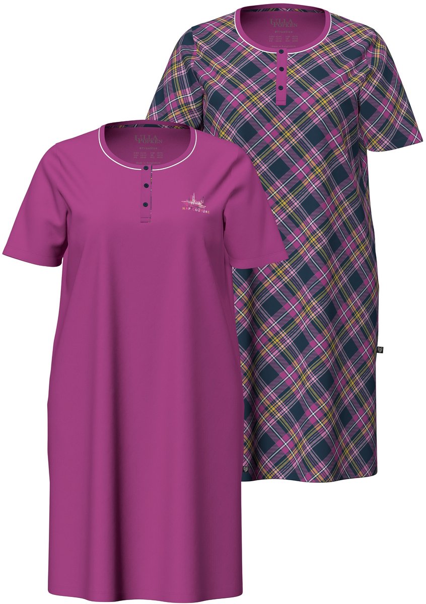 Ulla Popken - Dames - Bigshirts set van 2 geruit/paisley ronde hals korte mouwen - Bes - Maat 42+