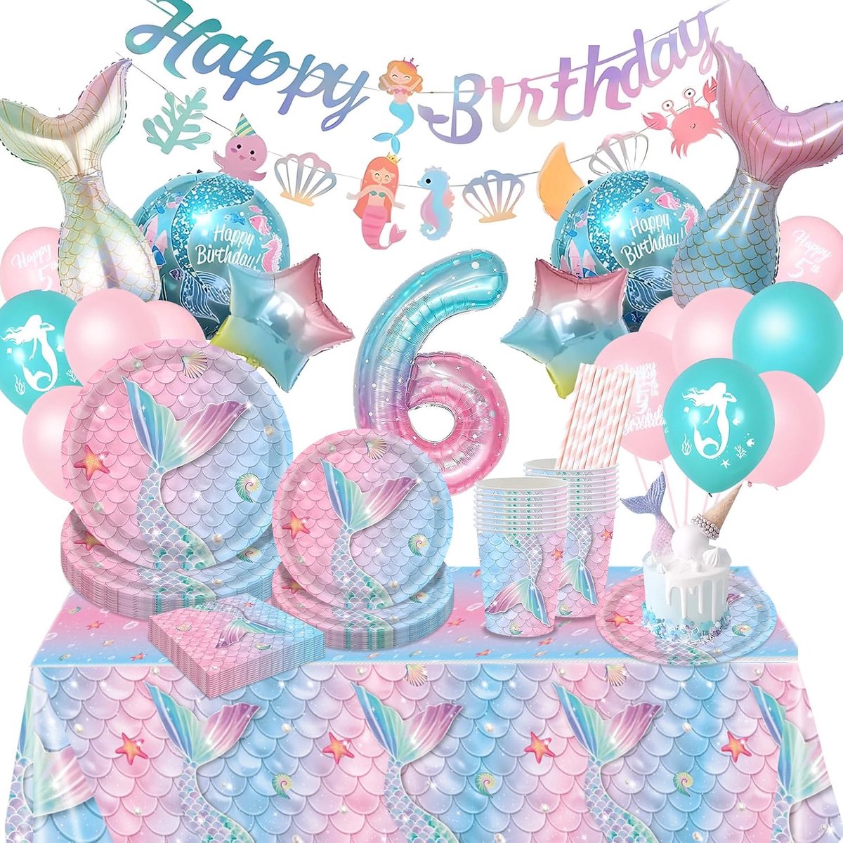 6 jaar, 105-delige zeemeerminset, feestservies, kartonnen borden, decoratieset voor kinderverjaardag, feest, 16 gasten