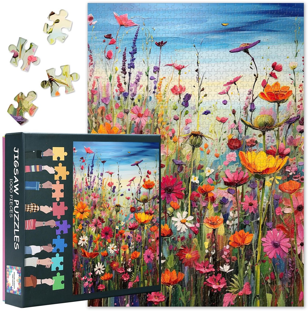 Omgoods- Bloemenpuzzel 1000 stukjes - Uitdagende Puzzel voor Volwassenen - Kleurrijk Kunstwerk - Maat 70 x 50 cm - Perfect Cadeau voor Familie - Momenten van Vreugde