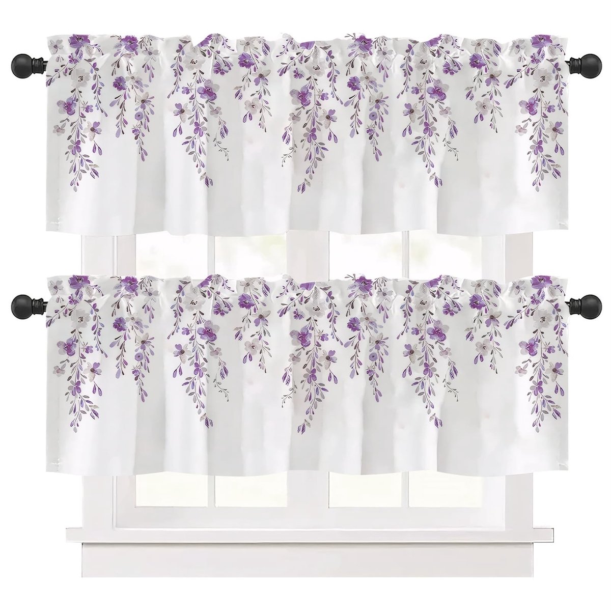 Korte Gordijnen met Bloemenprint - 45 x 137 cm - Paars - Set van 2