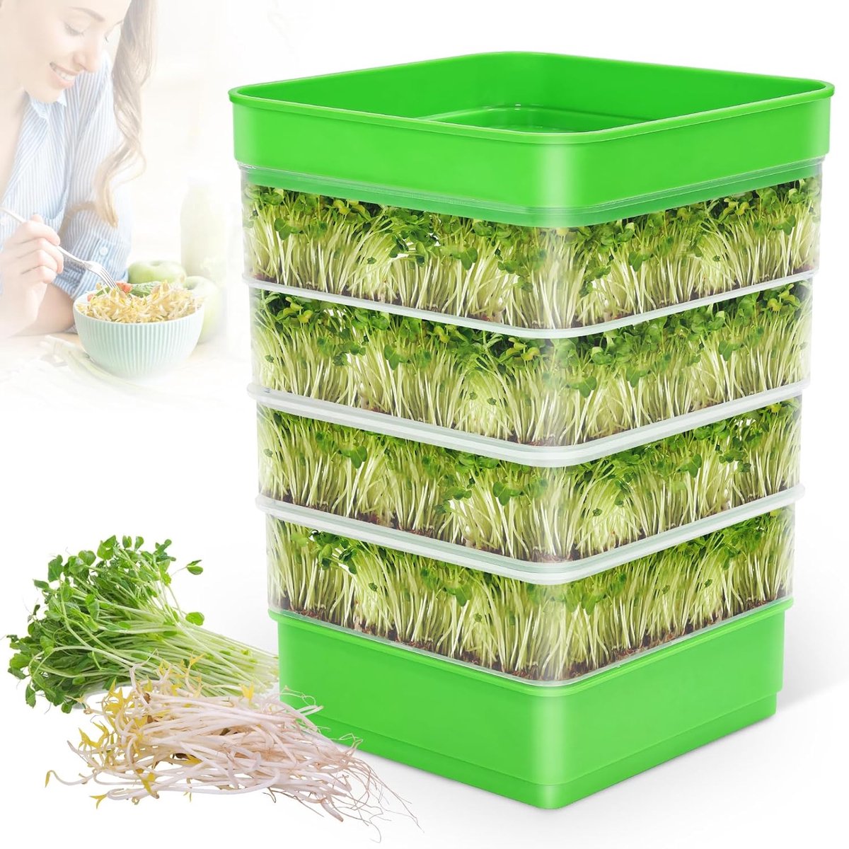4-verdieping, bonenkeuten, groeiset, micro-groene kweekschalen, stapelbare scheuten, kweekset voor bonen, alfalfa, tarwegraszaden