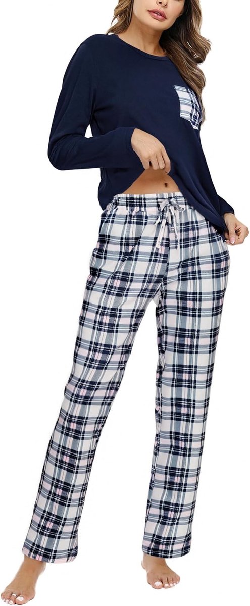 Pyjama voor dames, winter, katoen, pyjamasets, dames, warm, lange mouwen, nachtkleding, geruite broek, loungewear, 2 stuks
