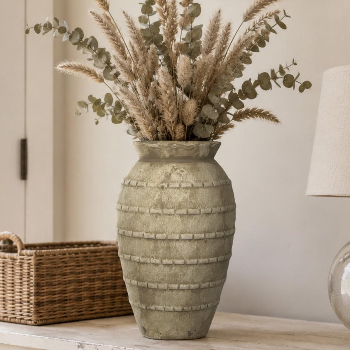 Omgoods - Grote Rustieke Gele Keramische Vaasje - 30.5 cm voor Woonkamer en Cadeau