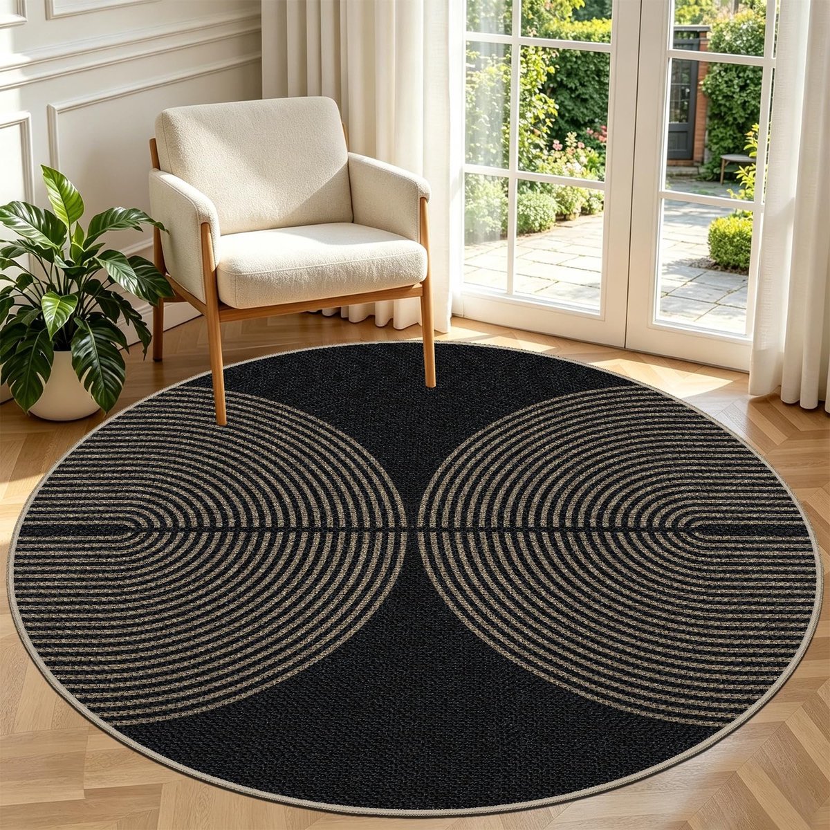 Omgoods - Rond Vloerkleed Jute Look - Wasbaar en Antislip, 160 cm, Zwart/Natuurlijk