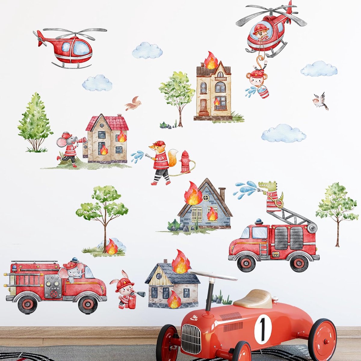 Muurstickers Brandweerwagen Muurstickers Dier Brandweerman Helikopter Thema Vuur Voor Slaapkamer Kinderen Baby Kwekerij Woonkamer Wanddecoratie (Brandweerwagen d)