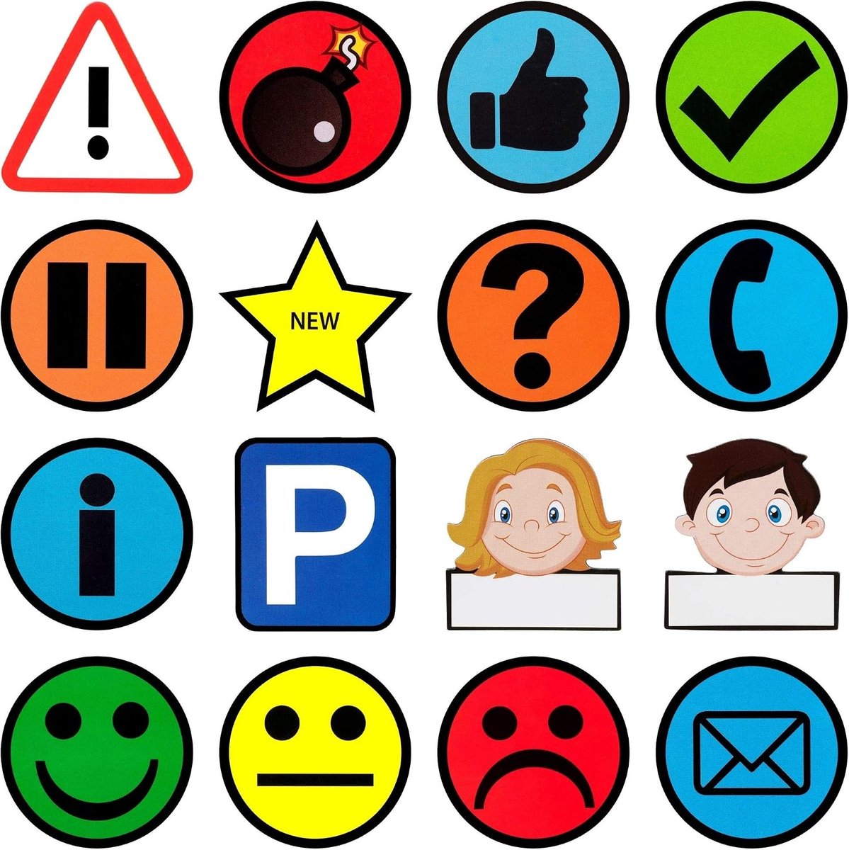 Magneten - 16 stuks 5 x 5 cm bont - decoratieve emoji's - grappig gekleurd voor koelkast, magneetbord, whiteboard, prikbord